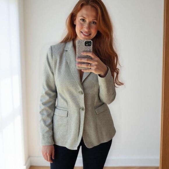 Y2K Vintage Jones New York Stretch Wool & Silk Blend Gray Barleycorn Blazer - Picture 1 of 7